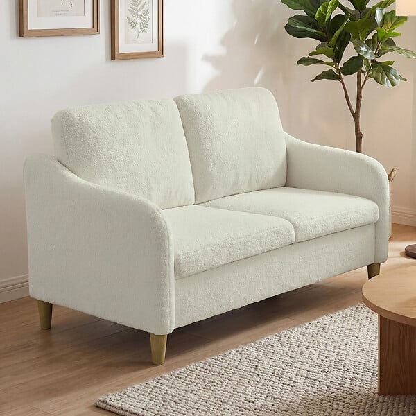 HOMCOM - Canapé 2 places style nordique bouclette crème piètement effilé bois eucalyptus - large