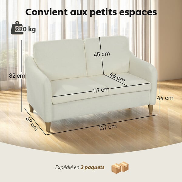 HOMCOM - Canapé 2 places style nordique bouclette crème piètement effilé bois eucalyptus - large