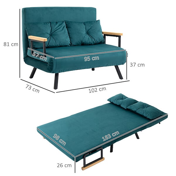 HOMCOM - Canapé convertible 2 places canapé-lit dossier réglable 5 niv. 2 coussins revêtement effet velours bleu canard - large