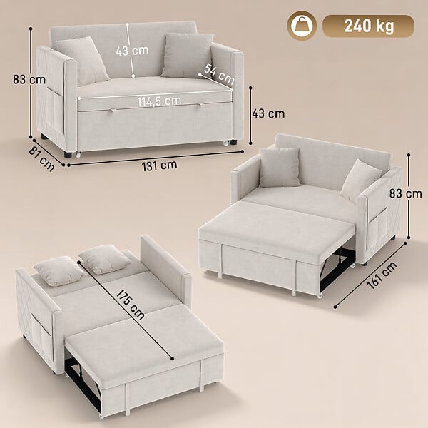 HOMCOM - Canapé convertible inclinable réglable 2 places 2 coussins pochettes velours beige - large