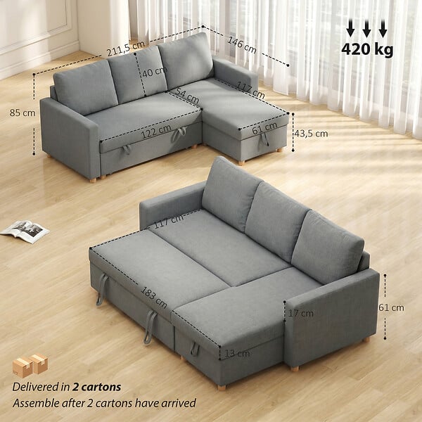 HOMCOM - Canapé d'angle 3 places convertible réversible - coffre intégré - garnissage mousse haute densité - tissu gris - large
