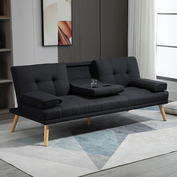 HOMCOM - Canapé convertible 3 places design scandinave inclinaison dossier réglable 3 niveaux dossier centrale rabattable 2 porte-verres bois peuplier polyester anthracite - large