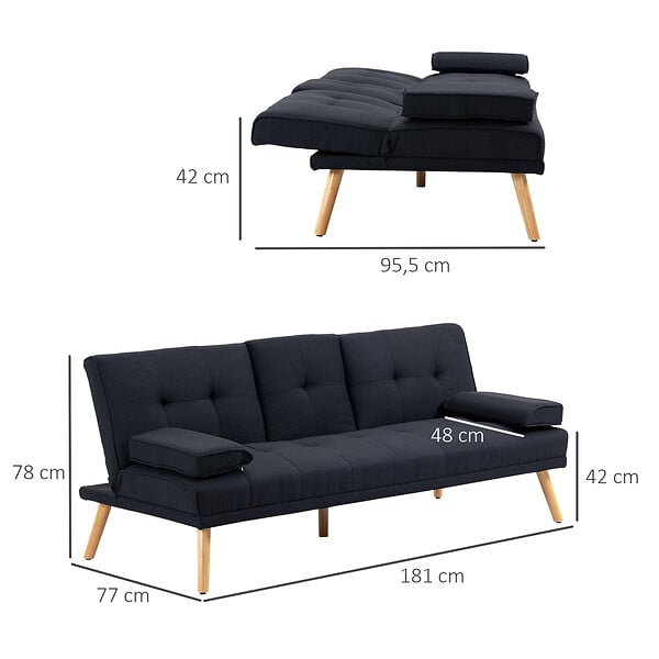 HOMCOM - Canapé convertible 3 places design scandinave inclinaison dossier réglable 3 niveaux dossier centrale rabattable 2 porte-verres bois peuplier polyester anthracite - large