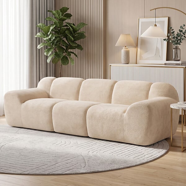 HOMCOM - Canapé design arrondi 3 places larges accoudoirs tissu chenille beige - large