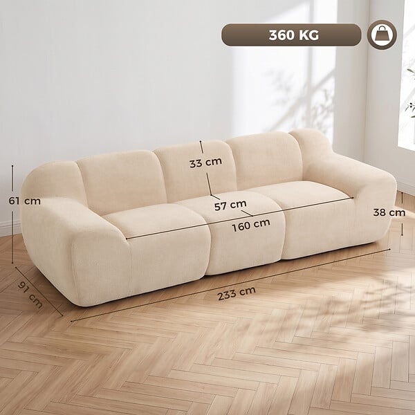 HOMCOM - Canapé design arrondi 3 places larges accoudoirs tissu chenille beige - large