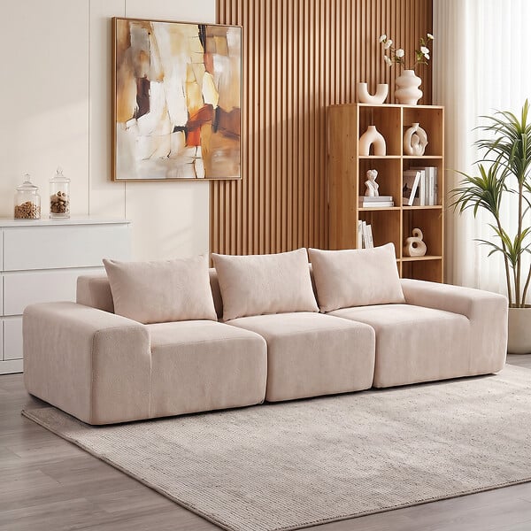 HOMCOM - Canapé design arrondi 3 places 3 coussins larges accoudoirs tissu chenille beige - large