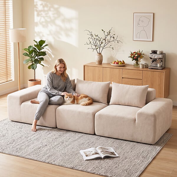 HOMCOM - Canapé design arrondi 3 places 3 coussins larges accoudoirs tissu chenille beige - large