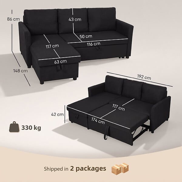 HOMCOM - Canapé d'angle convertible réversible 3 places avec coffre tissu toucher lin anthracite - large