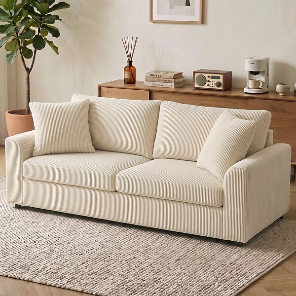 HOMCOM - Canapé 3 places velours côtelé avec 2 coussins - canapé droit fixe 3 places beige clair - large