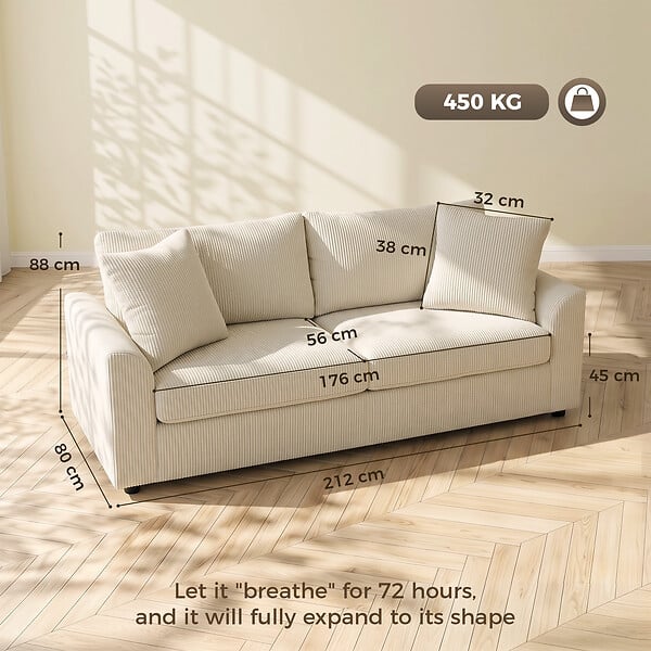 HOMCOM - Canapé 3 places velours côtelé avec 2 coussins - canapé droit fixe 3 places beige clair - large