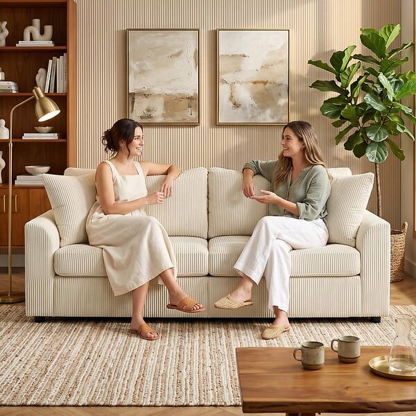 HOMCOM - Canapé 3 places velours côtelé avec 2 coussins - canapé droit fixe 3 places beige clair - large