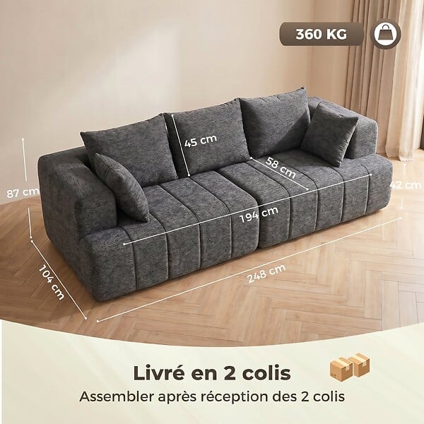 HOMCOM - Canapé 3 places en chenille 248 cm, canapé salon moderne, large assise rembourrée, coussins à ressorts, larges accoudoirs, 2 coussins, base antidérapante, pour salon, chambre, gris - large