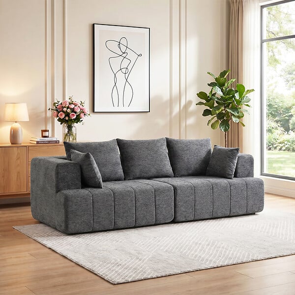 HOMCOM - Canapé 3 places en chenille 248 cm, canapé salon moderne, large assise rembourrée, coussins à ressorts, larges accoudoirs, 2 coussins, base antidérapante, pour salon, chambre, gris - large