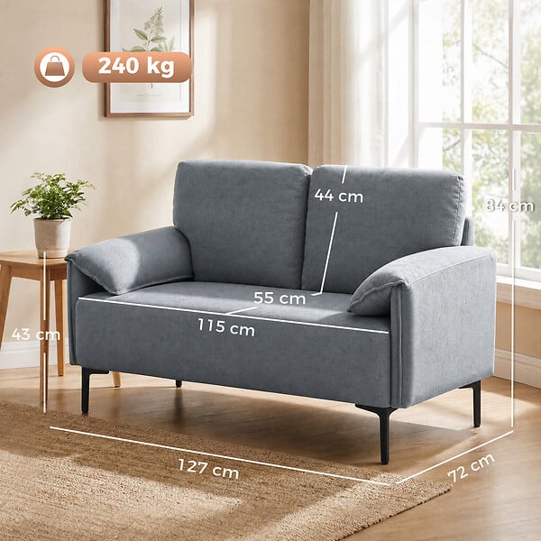 HOMCOM - Canapé 2 places design moderne velours gris piètement métal noir - large