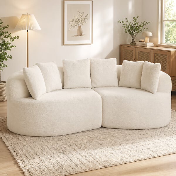 HOMCOM - Canapé design arrondi 3 places 6 coussins tissu chenille crème - large