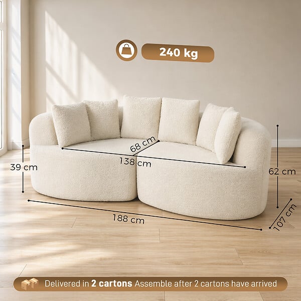 HOMCOM - Canapé design arrondi 3 places 6 coussins tissu chenille crème - large