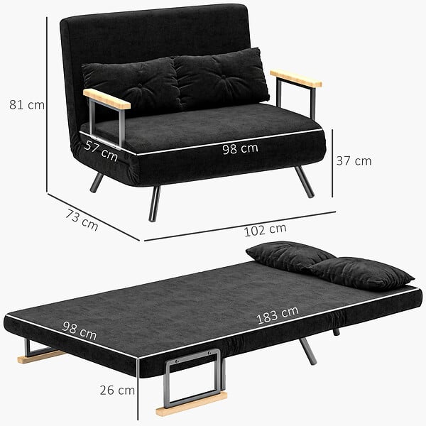 HOMCOM - Canapé convertible 2 places canapé-lit dossier réglable 5 niv. 2 coussins revêtement effet velours noir - large