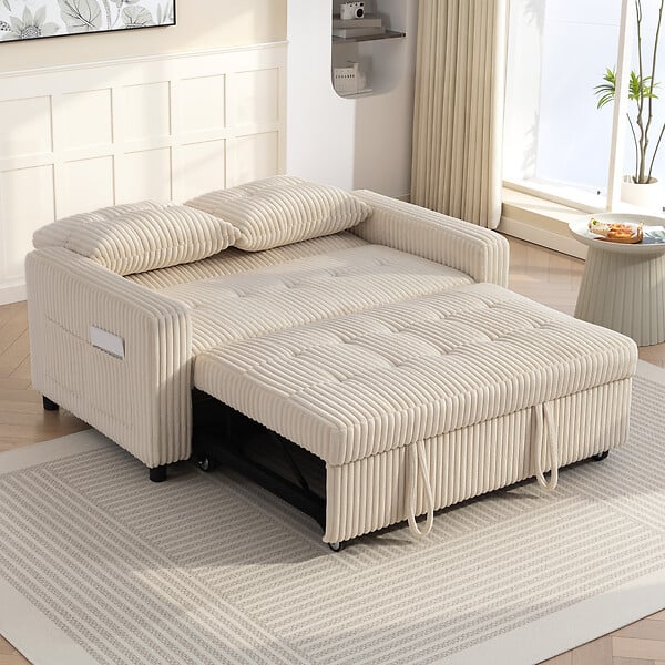 HOMCOM - Canapé convertible 2 places velours côtelé grosses côtes beige clair - large