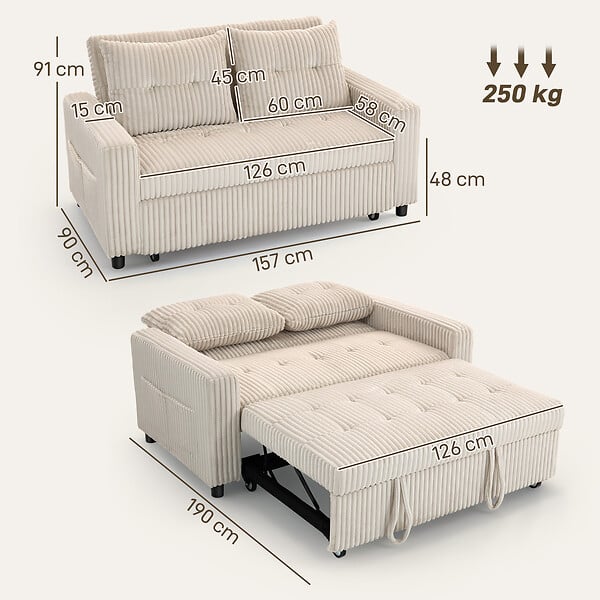 HOMCOM - Canapé convertible 2 places velours côtelé grosses côtes beige clair - large