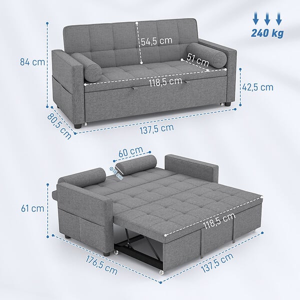 HOMCOM - Canapé convertible 2 places style Chersterfield effet capitonné 2 coussins inclus tissu gris chiné - large
