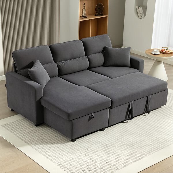 HOMCOM - Canapé d'angle convertible réversible en velours côtelé, canapé-lit 3 places 205 cm avec chaise longue, espace de rangement cachée, coussins inclus, pour salon, bureau, appartement, gris - large