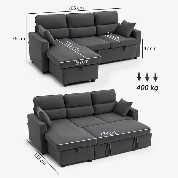 HOMCOM - Canapé d'angle convertible réversible en velours côtelé, canapé-lit 3 places 205 cm avec chaise longue, espace de rangement cachée, coussins inclus, pour salon, bureau, appartement, gris - large