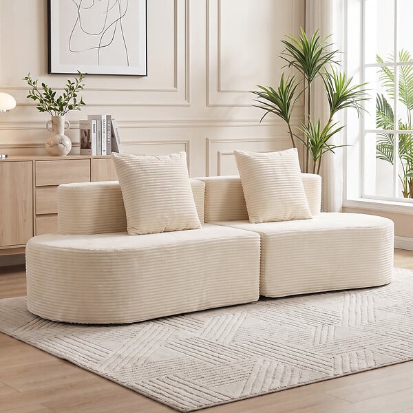 HOMCOM - Canapé design arrondi velours côtelé 3 places beige clair - large