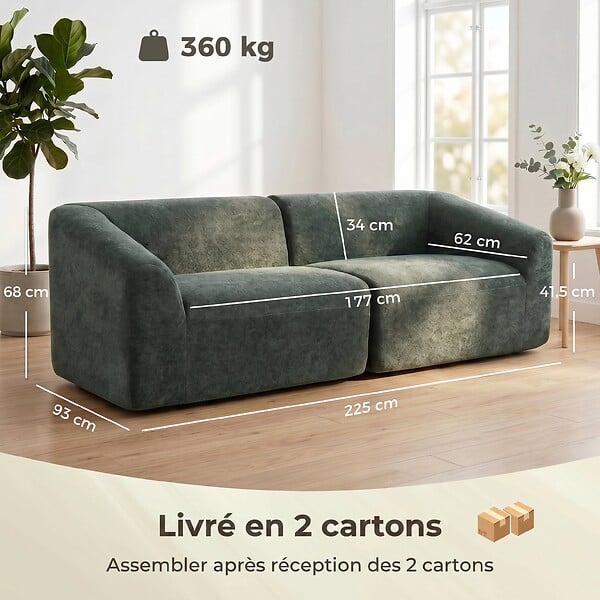 HOMCOM - Canapé 3 places tissu chenille vert forêt - large