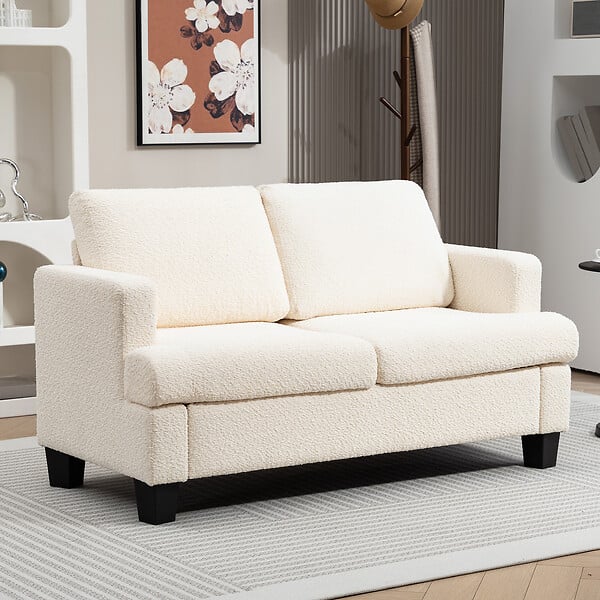 HOMCOM - Canapé 2 places effet laine bouclée dim. 140 x 70 x 85 cm piètement bois noir beige clair - large