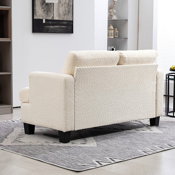 HOMCOM - Canapé 2 places effet laine bouclée dim. 140 x 70 x 85 cm piètement bois noir beige clair - large