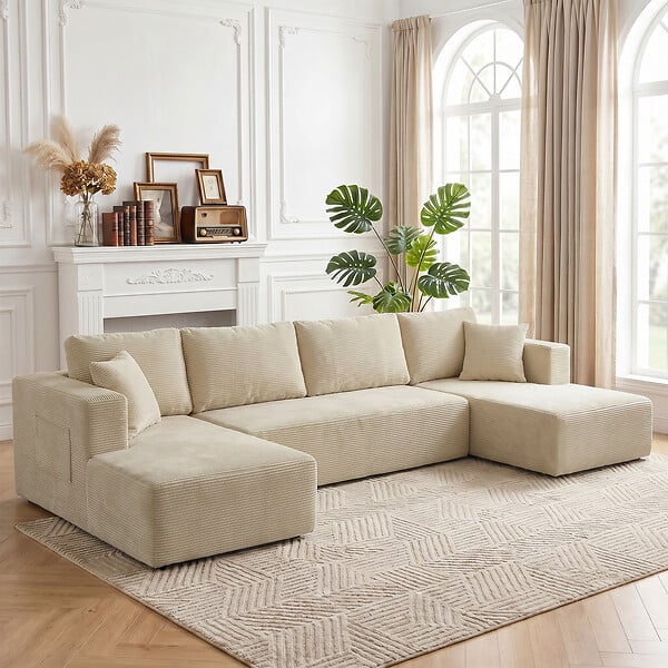 HOMCOM - Canapé panoramique modulable 4 places velours côtelé beige - large