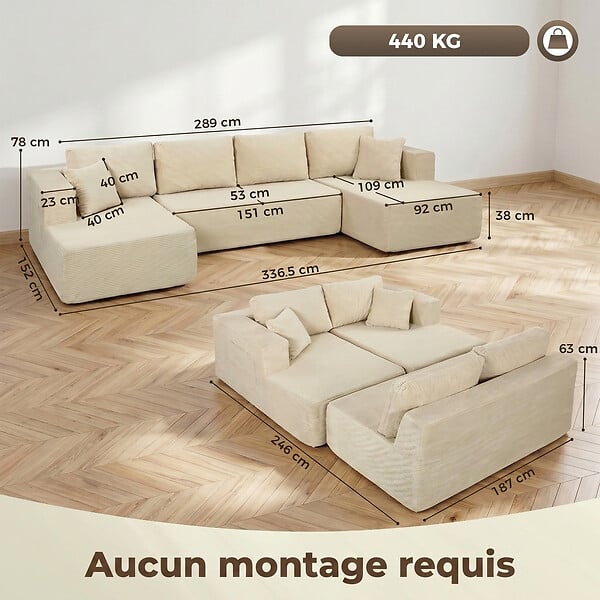 HOMCOM - Canapé panoramique modulable 4 places velours côtelé beige - large