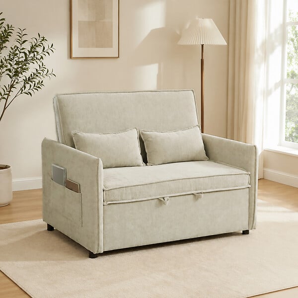HOMCOM - Canapé convertible 2 places dossier inclinable 5 niv. tissu chenille beige - large