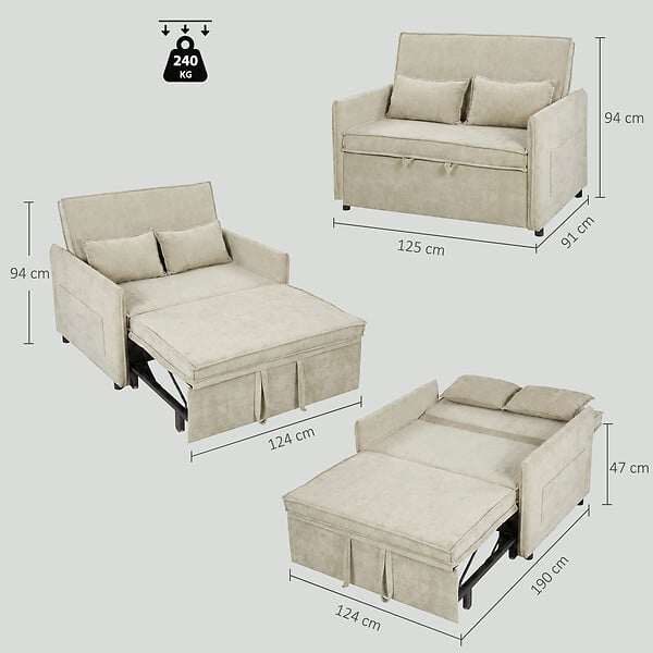 HOMCOM - Canapé convertible 2 places dossier inclinable 5 niv. tissu chenille beige - large