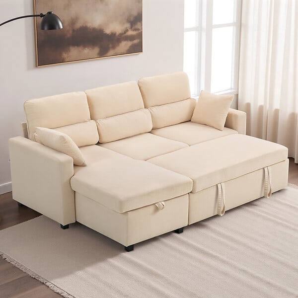 HOMCOM - Canapé d'angle convertible velours côtelé avec coffre de rangement dim. 205x135x76cm beige - large