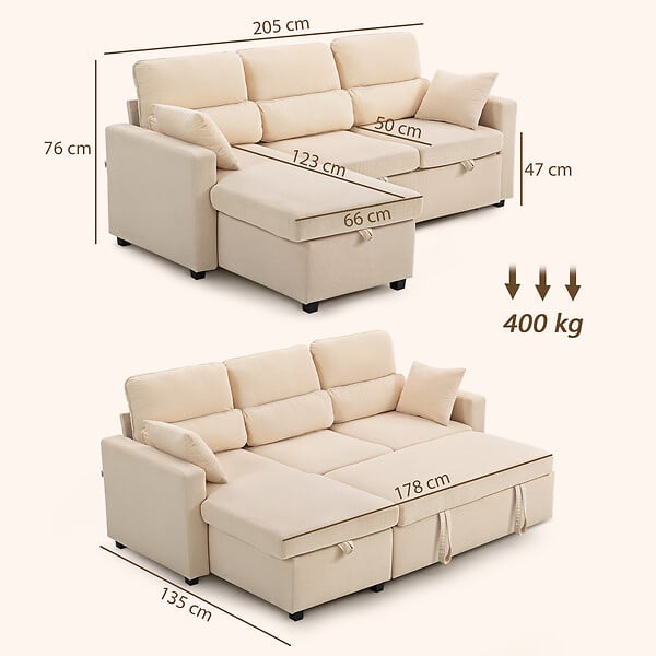 HOMCOM - Canapé d'angle convertible velours côtelé avec coffre de rangement dim. 205x135x76cm beige - large