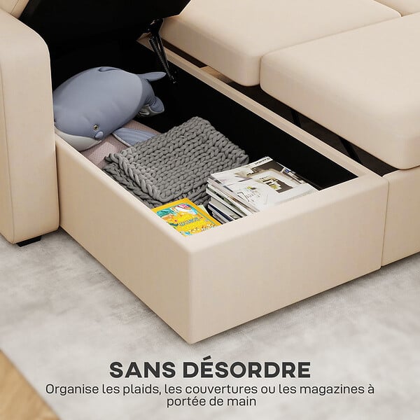 HOMCOM - Canapé d'angle convertible velours côtelé avec coffre de rangement dim. 205x135x76cm beige - large