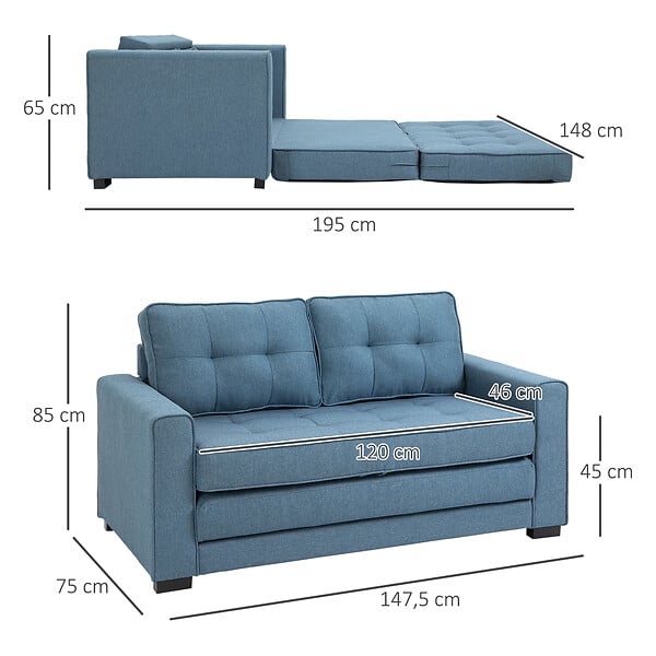 HOMCOM - Canapé convertible 2 places design contemporain assise dossier capitonnés polyester aspect lin bleu - large
