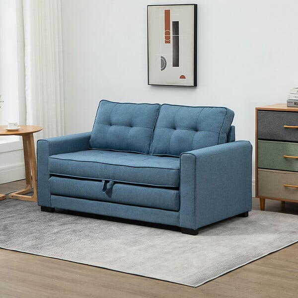 HOMCOM - Canapé convertible 2 places design contemporain assise dossier capitonnés polyester aspect lin bleu - large