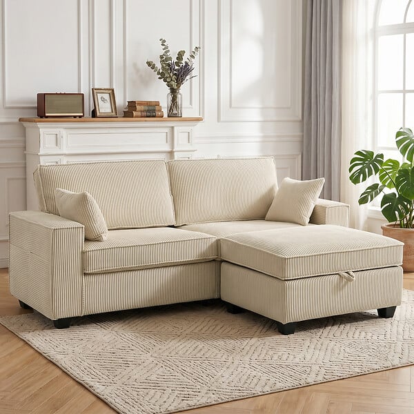 HOMCOM - Canapé 3 places velours côtelé beige pouf coffre assorti inclus - large