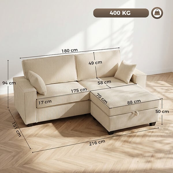 HOMCOM - Canapé 3 places velours côtelé beige pouf coffre assorti inclus - large