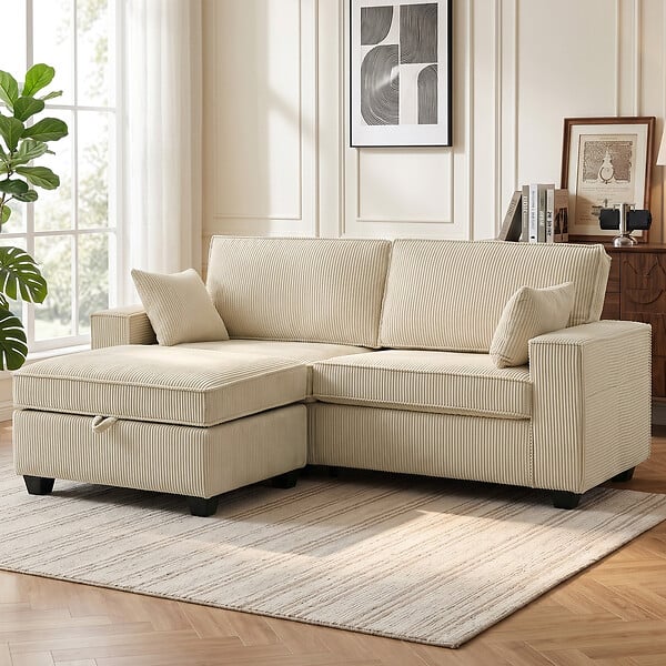 HOMCOM - Canapé 3 places velours côtelé beige pouf coffre assorti inclus - large