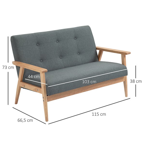 HOMCOM - Canapé 2 places style scandinave dim. 115l x 66,5P x 73H cm bois tissu gris - large