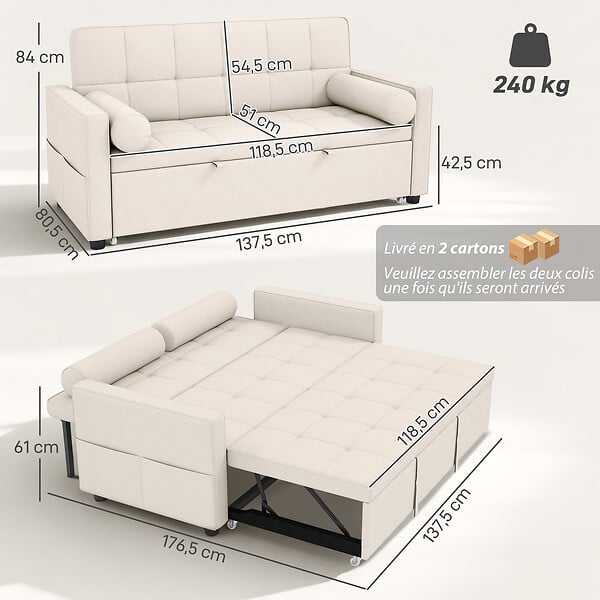 HOMCOM - Canapé convertible 2 places style Chersterfield effet capitonné 2 coussins inclus tissu beige - large