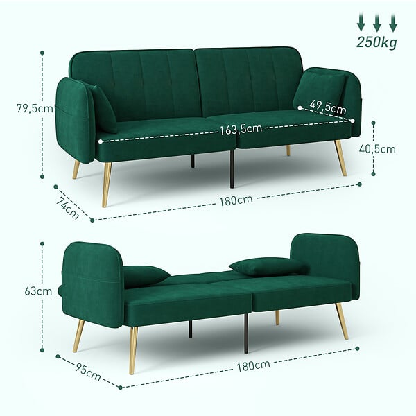 HOMCOM - Canapé convertible 2 places style Art déco 2 coussins inclus piètement effilé métal doré velours vert emeraude - large