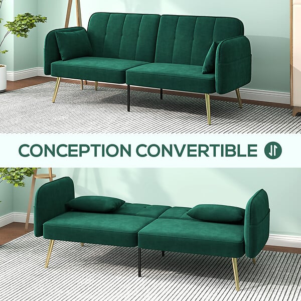 HOMCOM - Canapé convertible 2 places style Art déco 2 coussins inclus piètement effilé métal doré velours vert emeraude - large