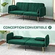 HOMCOM - Canapé convertible 2 places style Art déco 2 coussins inclus piètement effilé métal doré velours vert emeraude - vignette