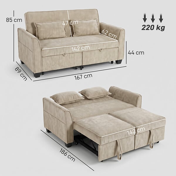 HOMCOM - Canapé convertible 2 places dossier inclinable 2 coussins tissu chenille taupe - large