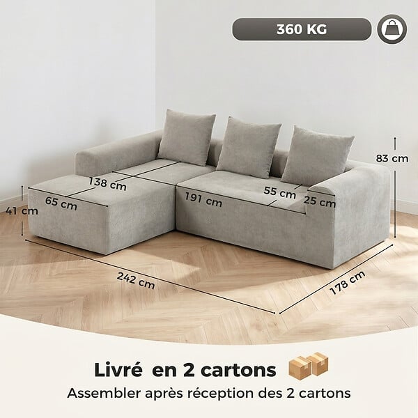 HOMCOM - Canapé d'angle design arrondi 3 places larges accoudoirs 3 coussins tissu chenille gris clair - large