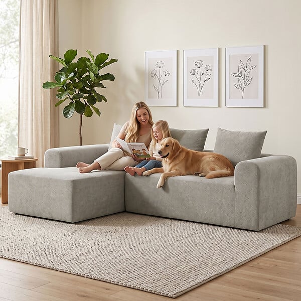 HOMCOM - Canapé d'angle design arrondi 3 places larges accoudoirs 3 coussins tissu chenille gris clair - large